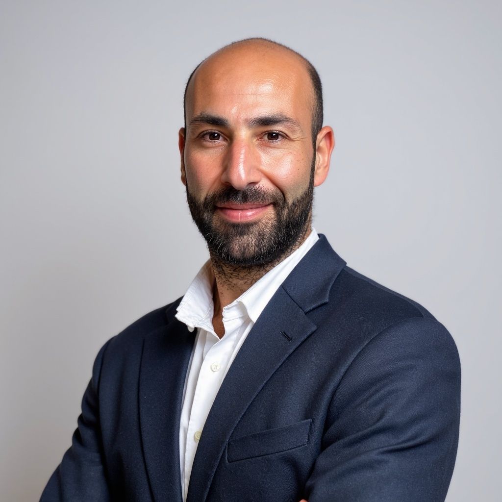 Man with beard in navy blazer and white shirt, smiling against a gray background.