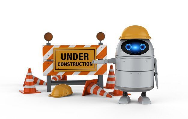A robot wearing a hard hat is standing next to an under construction sign.