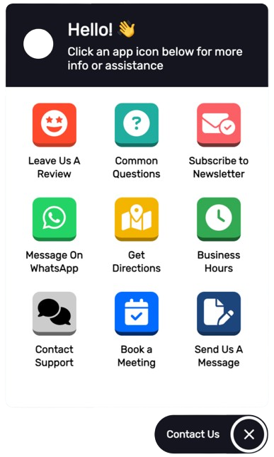 A screenshot of an app that says hello click an app icon below for more info or assistance