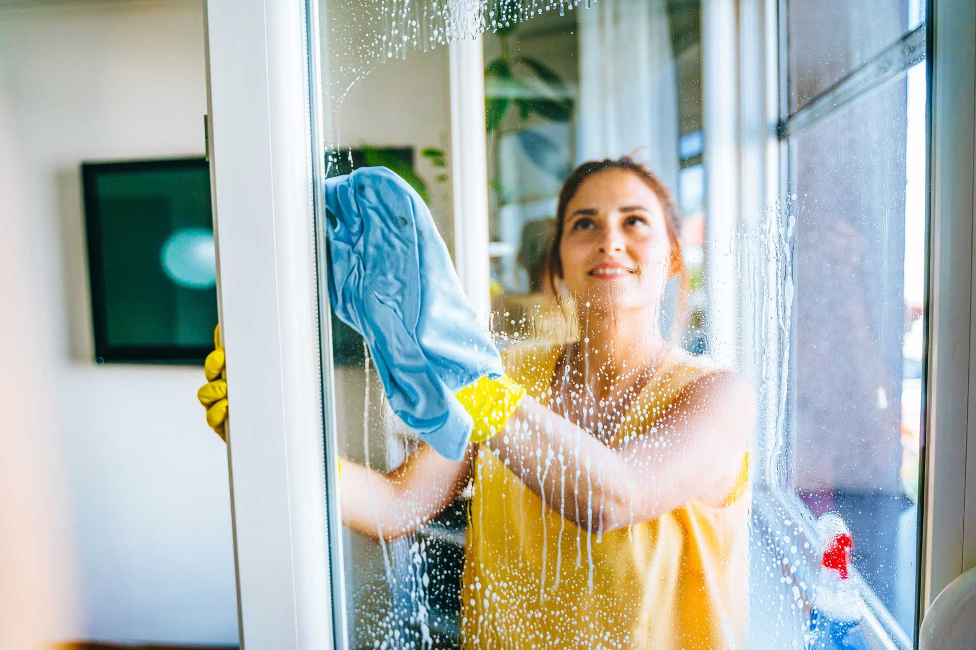 Woman wearing gloves, cleaning a glass window with a blue cloth, interior setting.