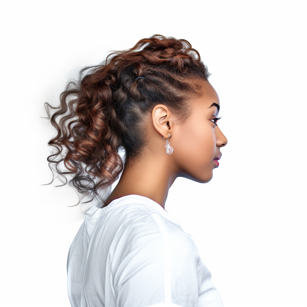 A woman with curly hair is wearing a white shirt and earrings.