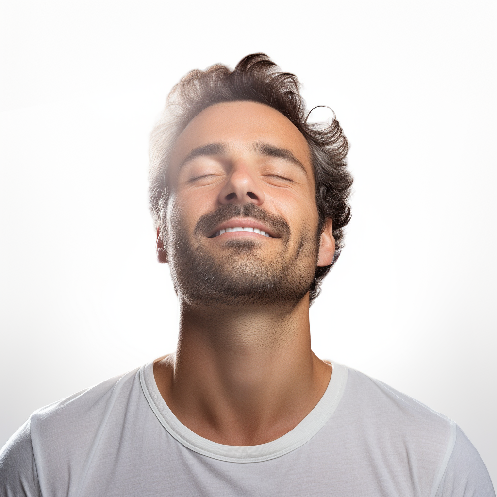 A man in a white shirt is smiling with his eyes closed