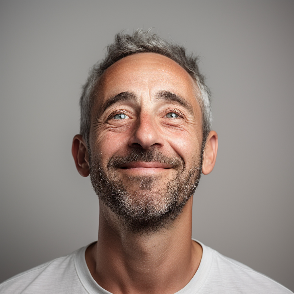 A man with a beard is smiling and looking up at the camera.