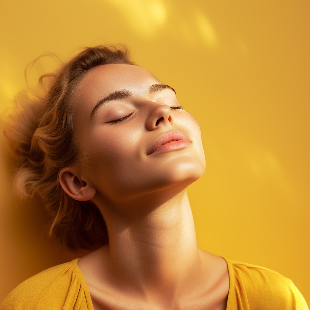 A woman in a yellow shirt is looking up with her eyes closed.