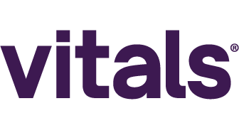 The vitals logo is purple and white on a white background.