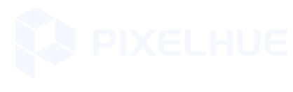 Pixelhue-logo geometrisella muodolla ja tekstillä.