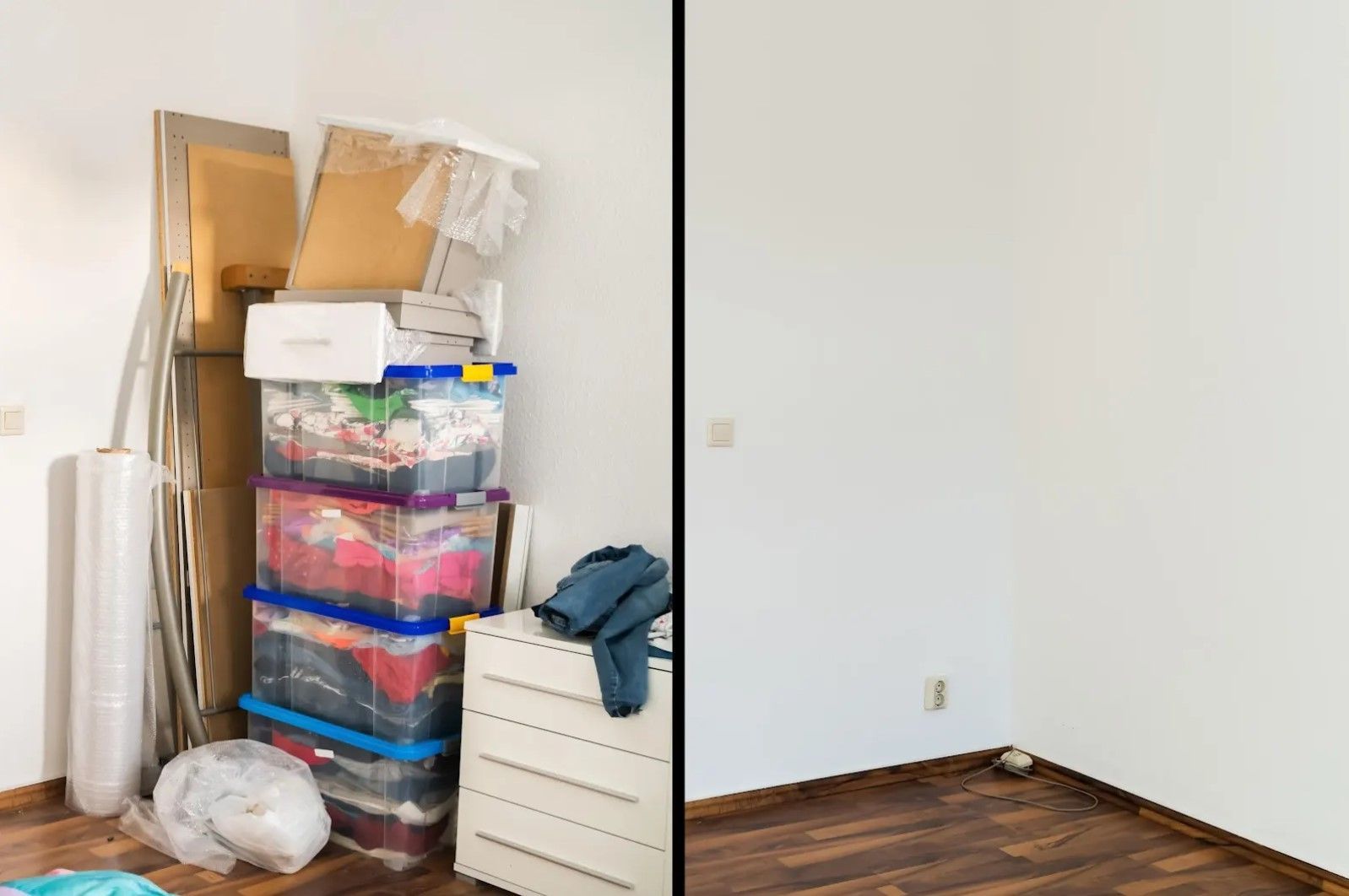A before and after photo of a room with a lot of boxes and a dresser.