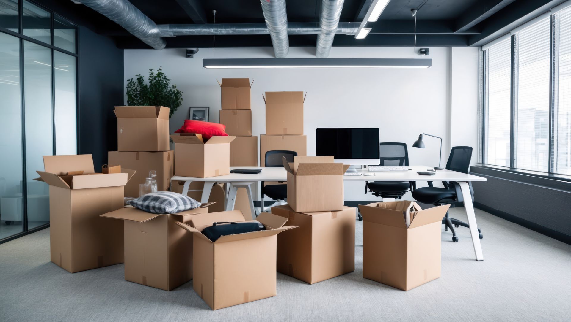Office space with many moving boxes; desk with monitor; bright windows.