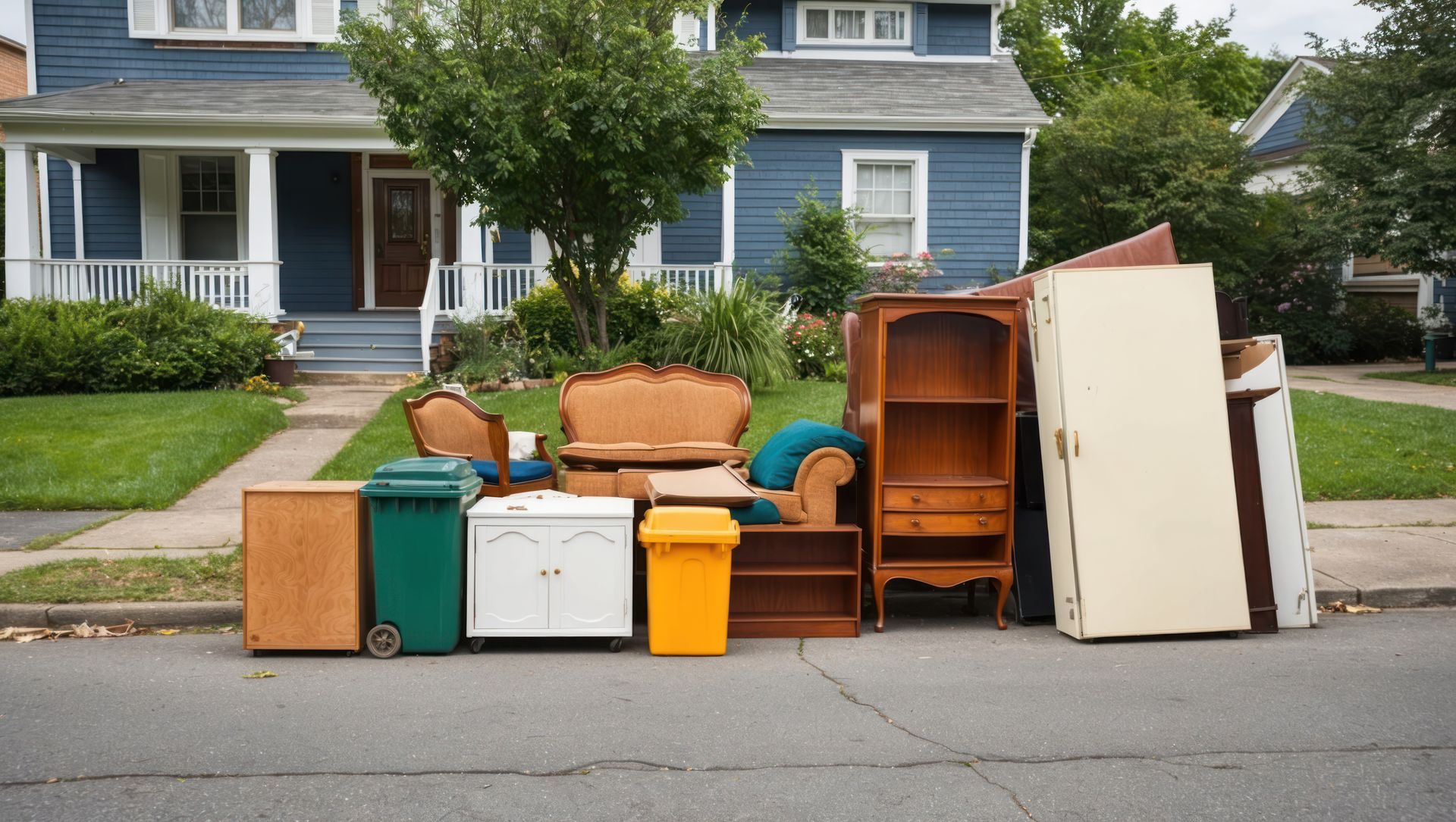 Curb-side trash pile: furniture, bins, and a door sit on a residential street in front of a blue house.