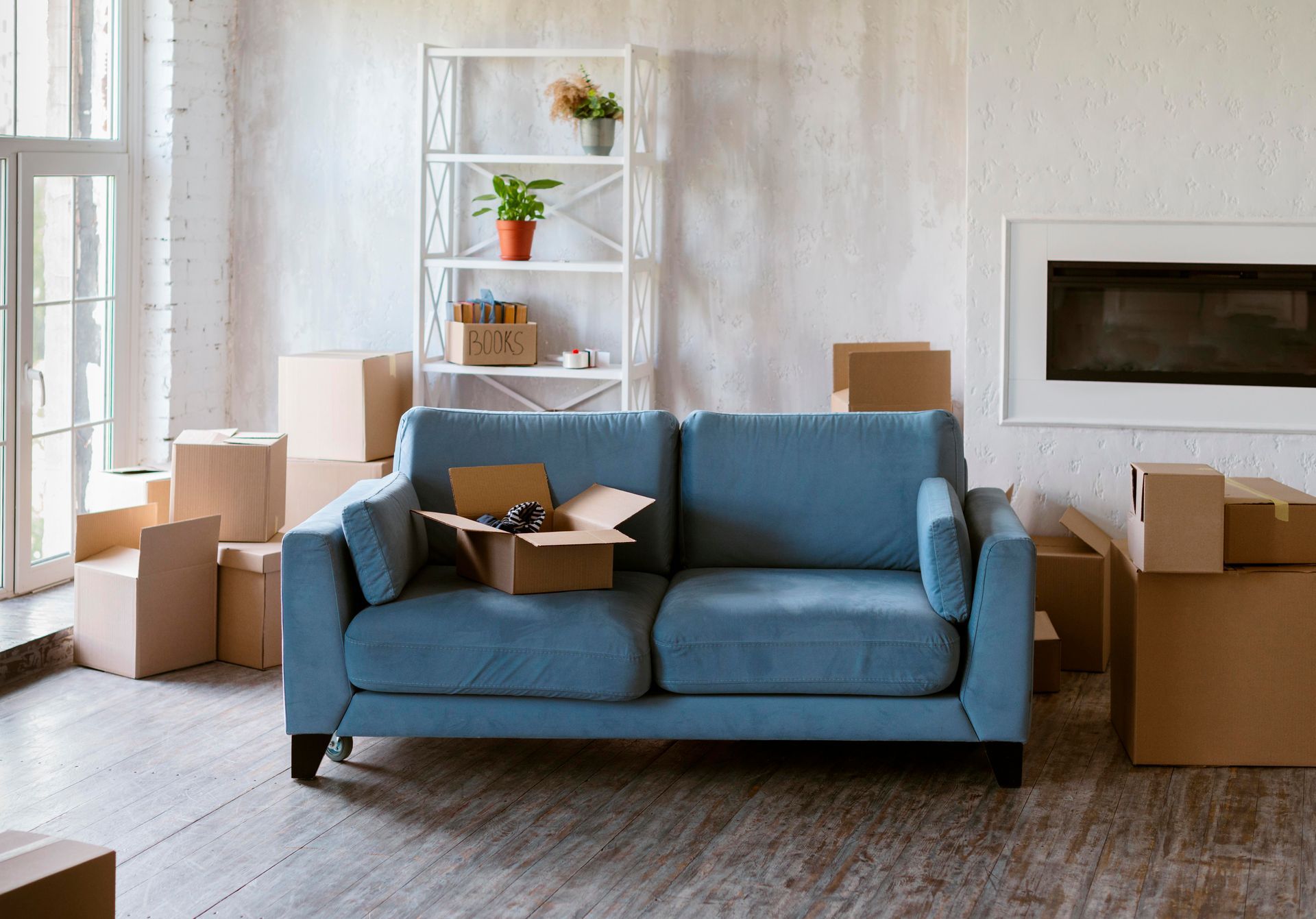 Living room with blue sofa, boxes, and white shelving unit; preparing to move.