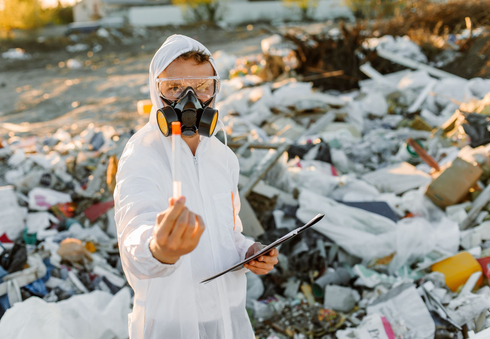 A man wearing a gas mask and goggles is holding a clipboard in front of a pile of trash.