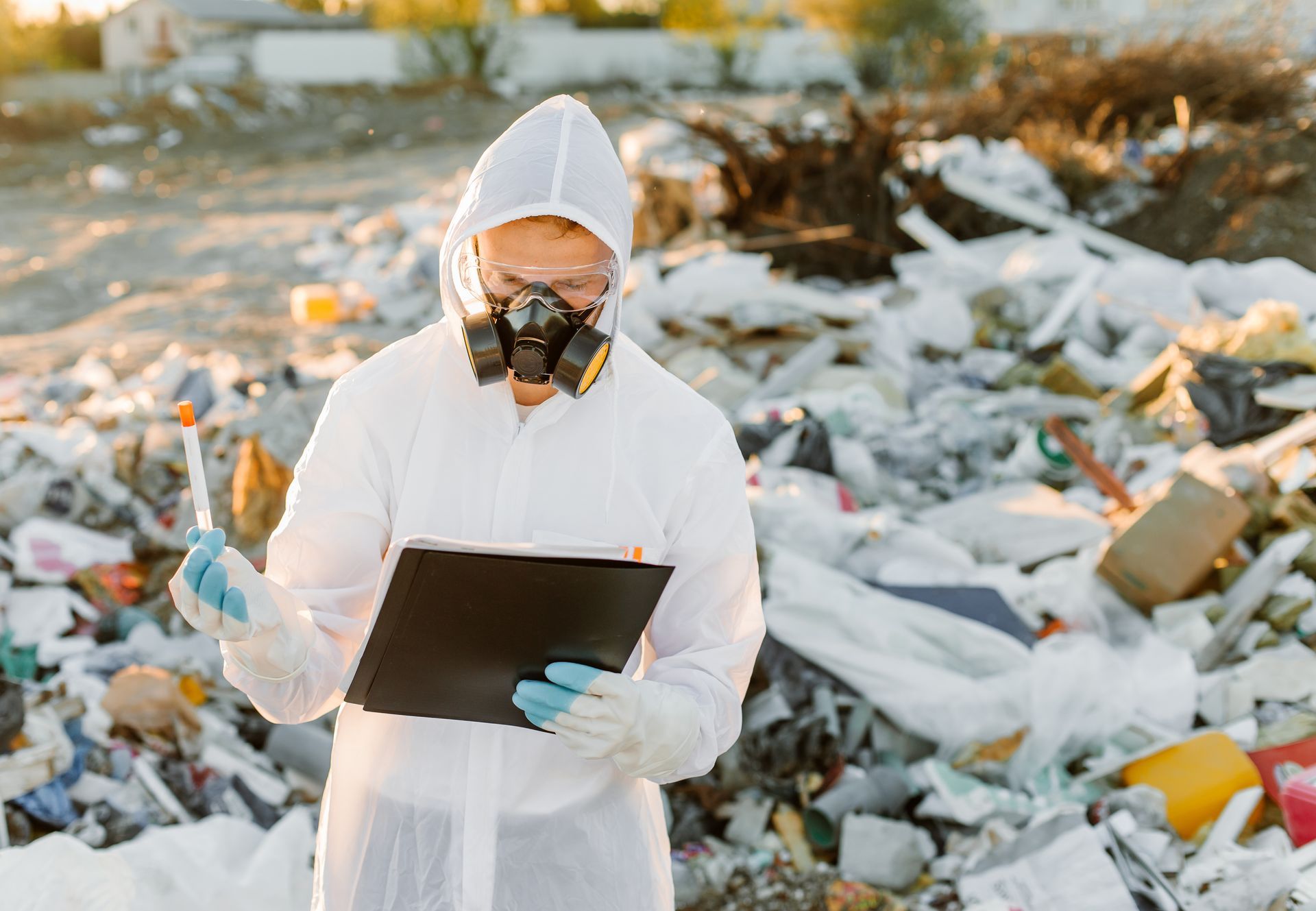 A man in a protective suit is holding a clipboard in front of a pile of trash.