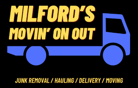 A logo for milford 's movin ' on out junk removal hauling delivery moving