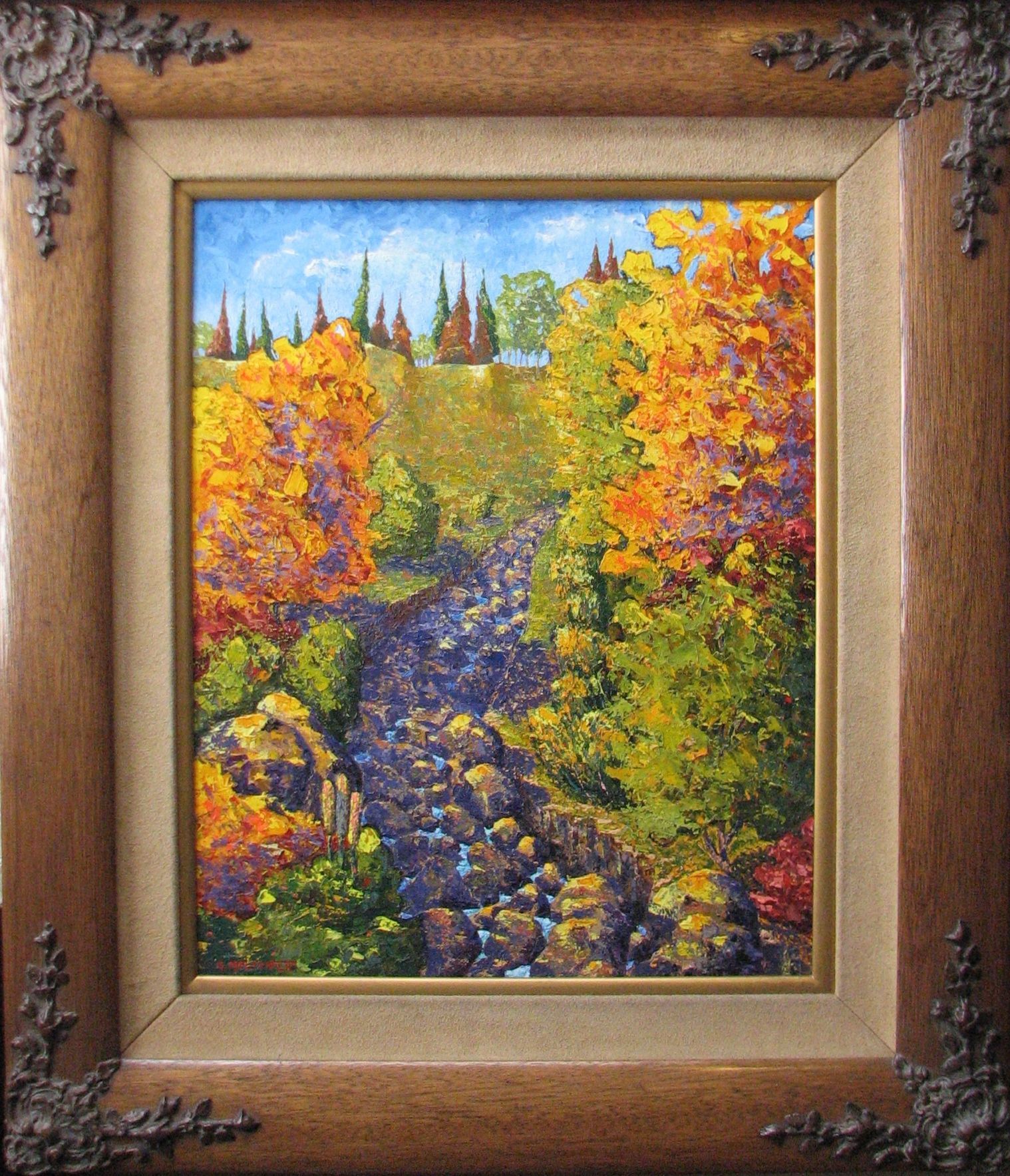 Oil Painting of River With Rocks