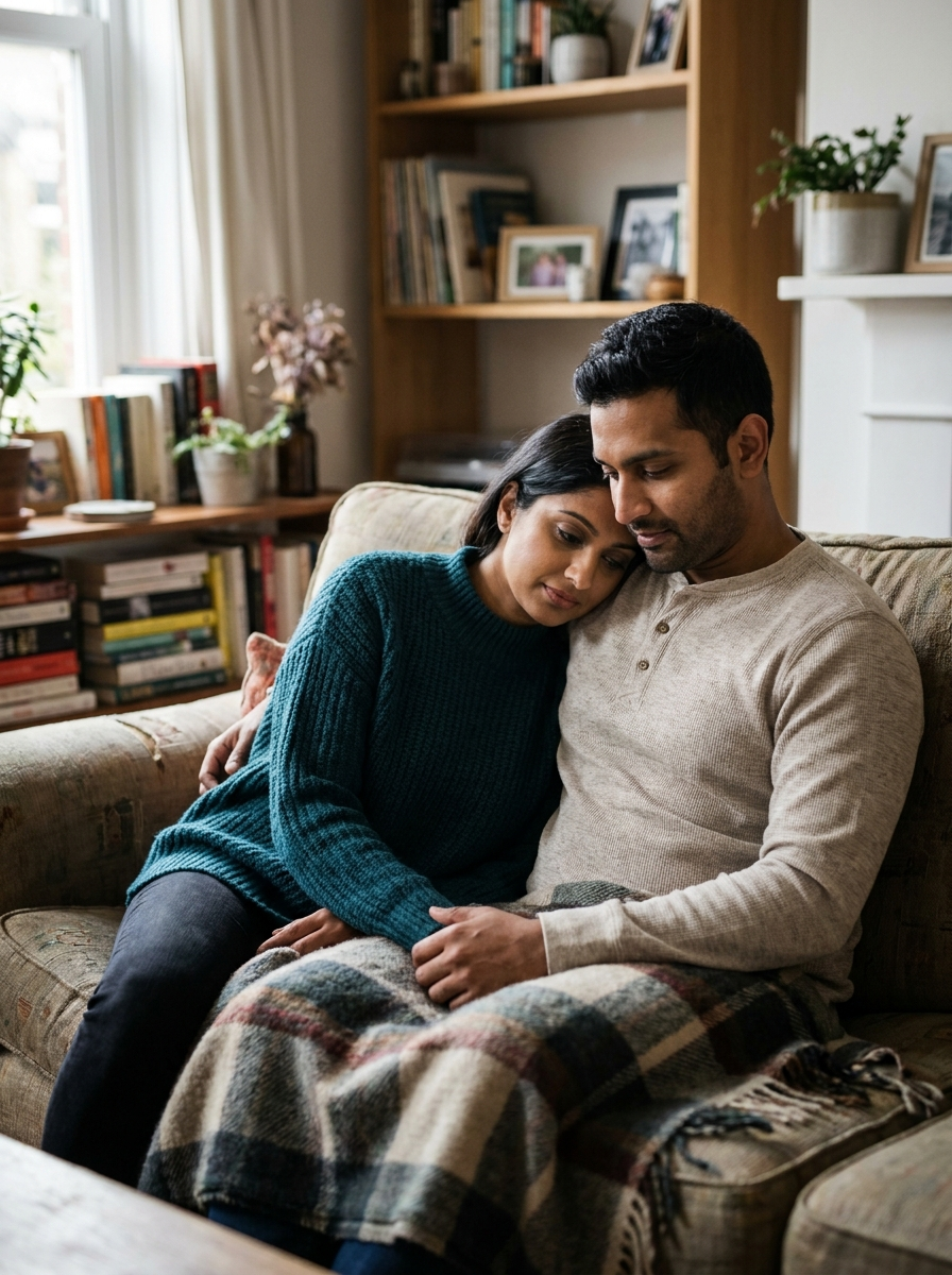 South Asian couple sitting together on couch smiling softly, grief and loss therapy Etobicoke