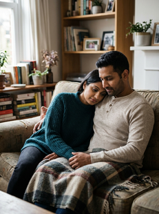 South Asian couple sitting together on couch smiling softly, grief and loss therapy Etobicoke