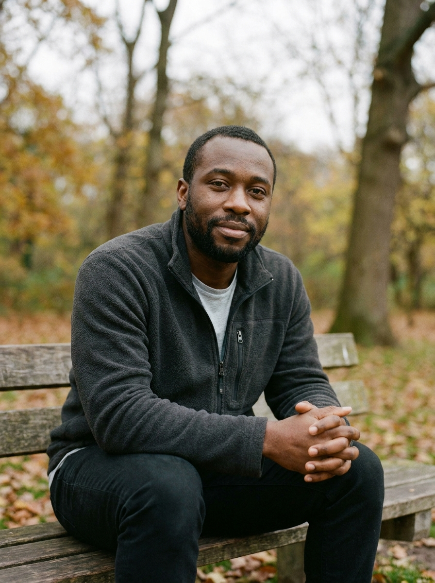 Black man sitting on park bench outdoors, calm and grounded expression, trauma therapy Etobicoke