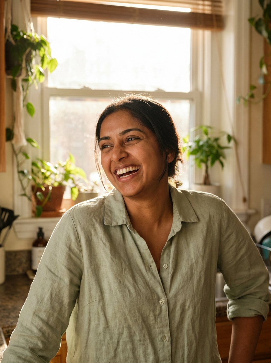 South Asian woman laughing in bright kitchen, relaxed and at ease, anxiety therapy Etobicoke