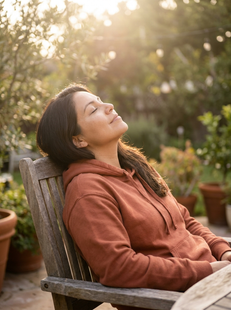 Latina woman sitting outdoors smiling with eyes open, peaceful expression, EMDR therapy Etobicoke