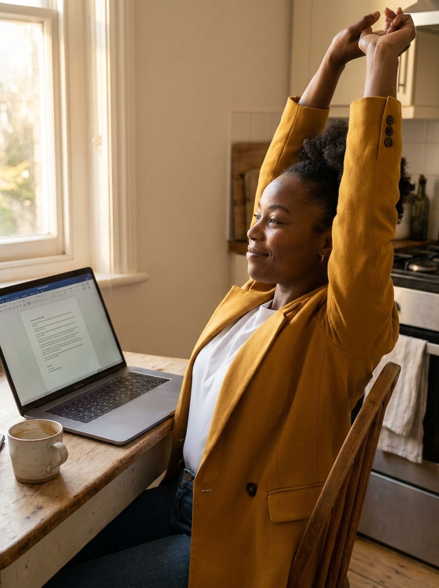 Black woman stretching at kitchen table with laptop, relaxed and accomplished, perfectionism therapy Etobicoke