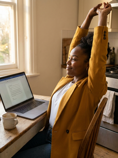 Black woman stretching at kitchen table with laptop, relaxed and accomplished, perfectionism therapy Etobicoke