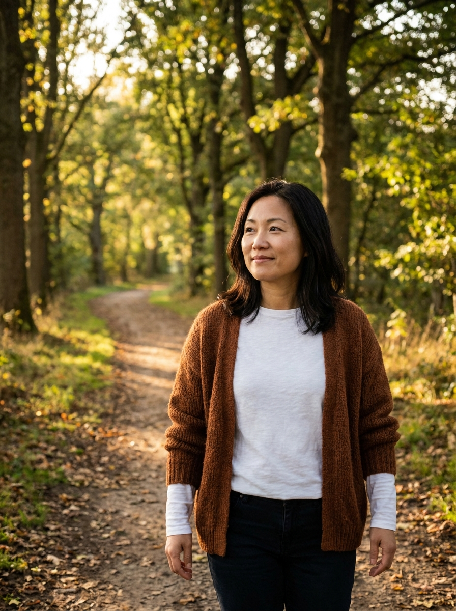 East Asian woman walking tree-lined path with calm smile, burnout and life transition therapy Etobicoke