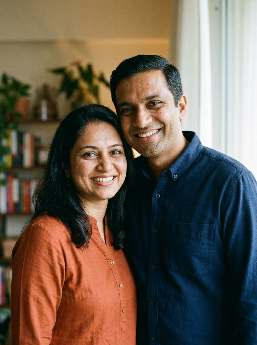 South Asian couple smiling together at home, couples therapy Etobicoke