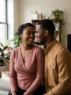 Black couple laughing together in living room, premarital counseling, Etobicoke
