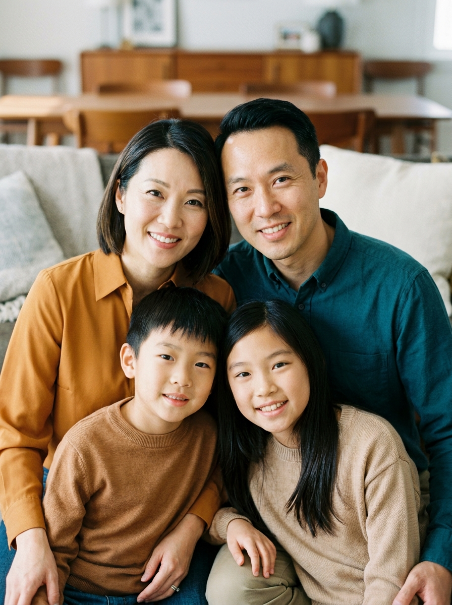 East Asian family of four smiling together at home, family therapy Etobicoke