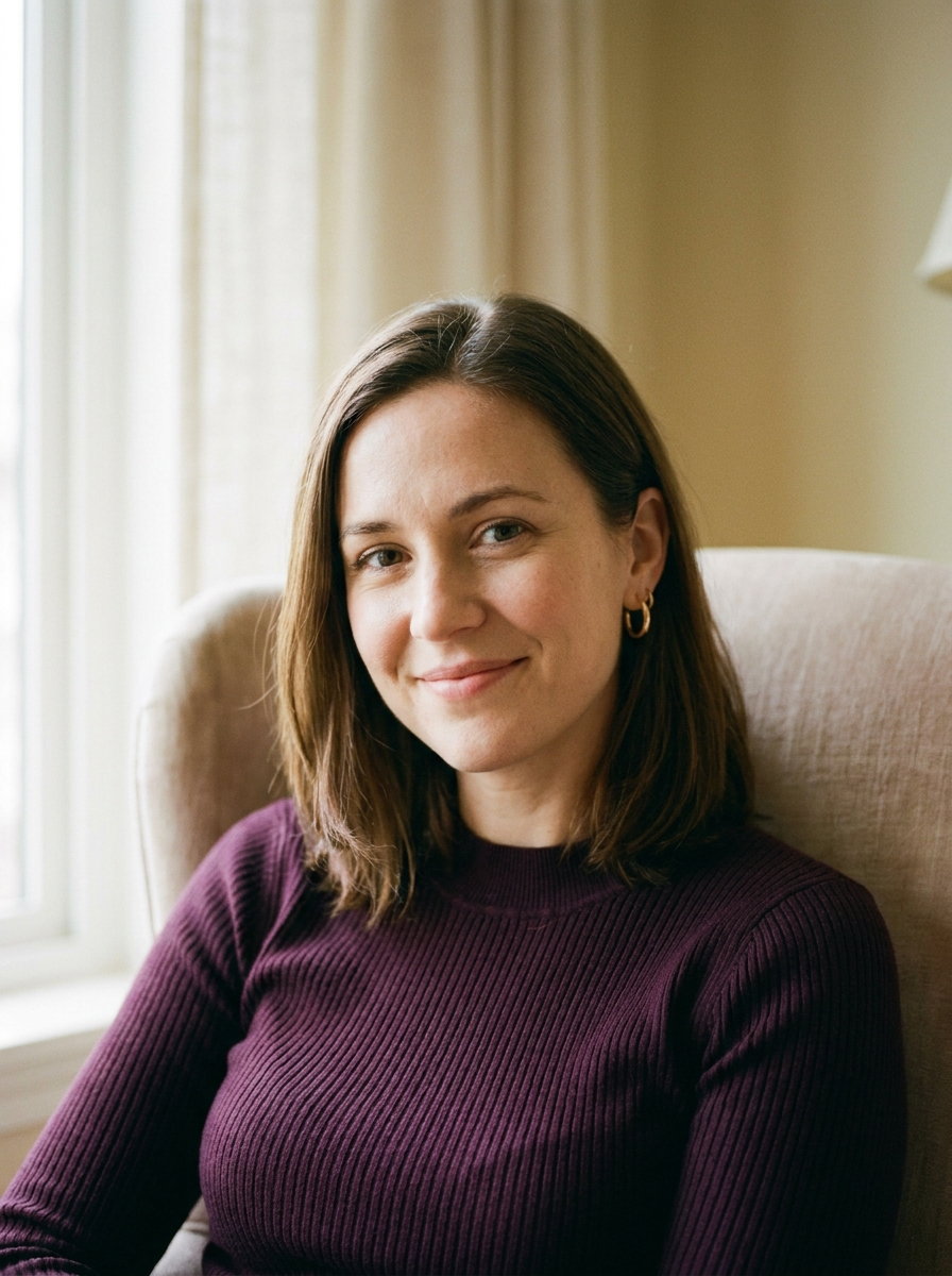 Woman sitting in armchair by window with warm smile, individual therapy Etobicoke