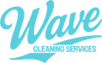Wave Cleaning Services logo in turquoise with stylized text and wave elements.