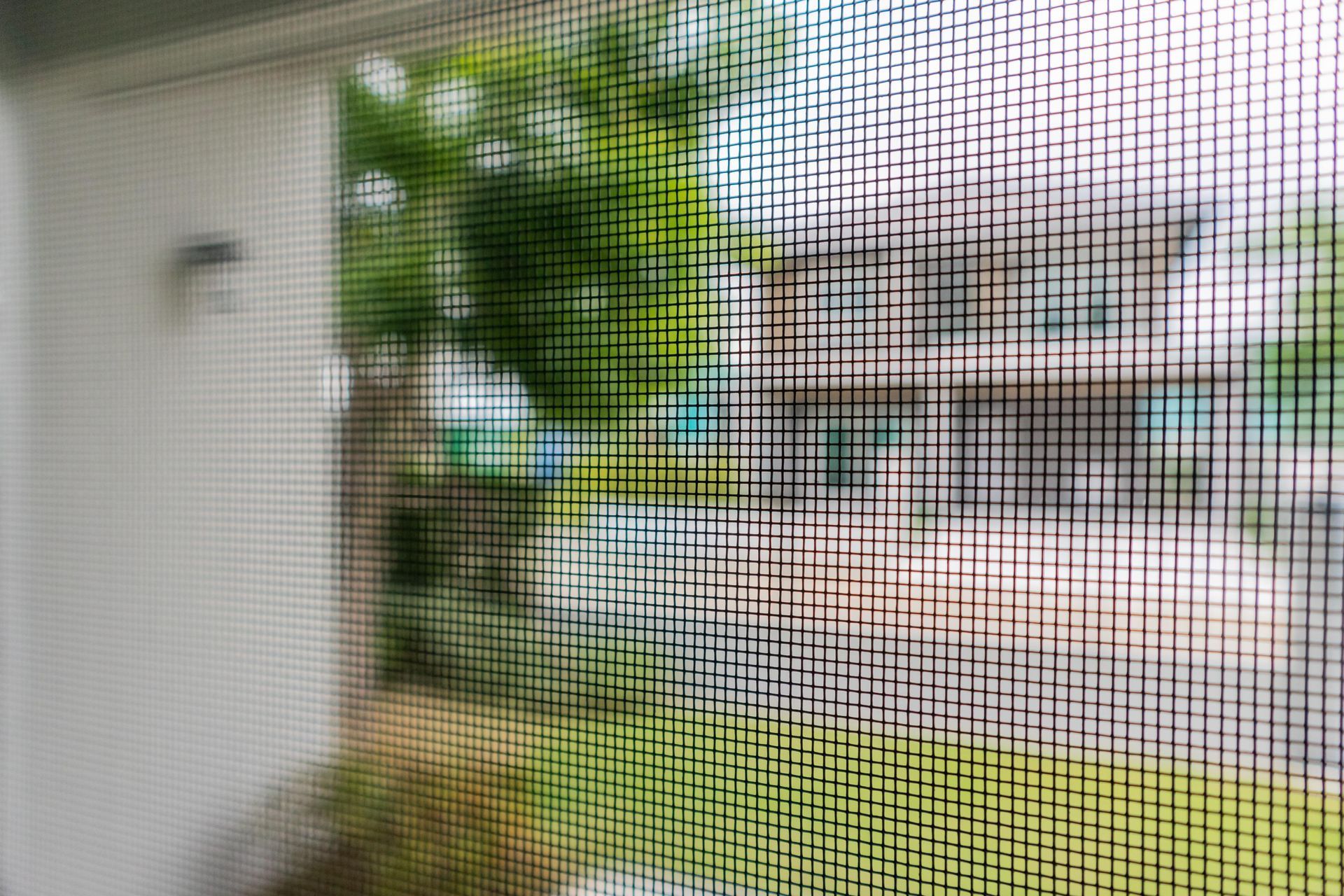 View through a window screen: blurred trees, houses, and white wall.