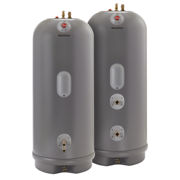 Two vertical grey water heaters with brass fittings and white access panels.