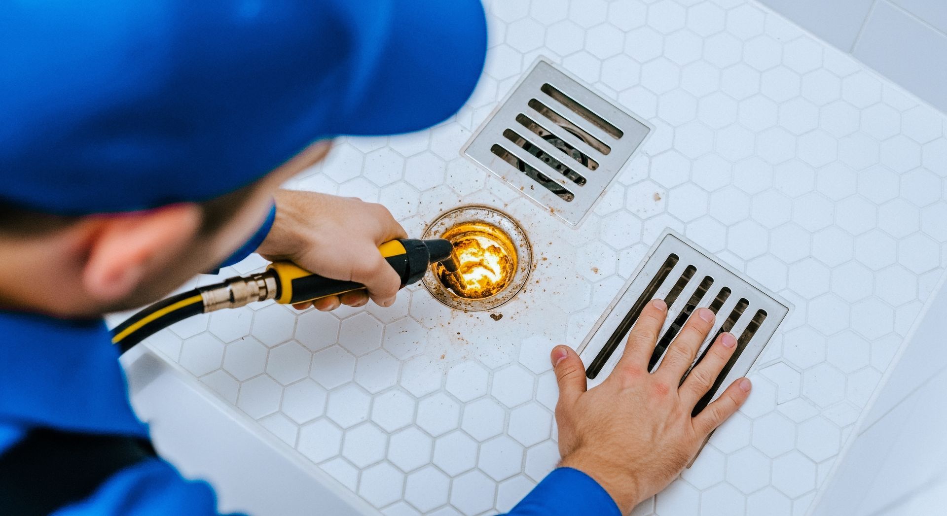 Plumber using a tool to clean a shower drain. Hands visible, next to two drain covers, white tile floor.