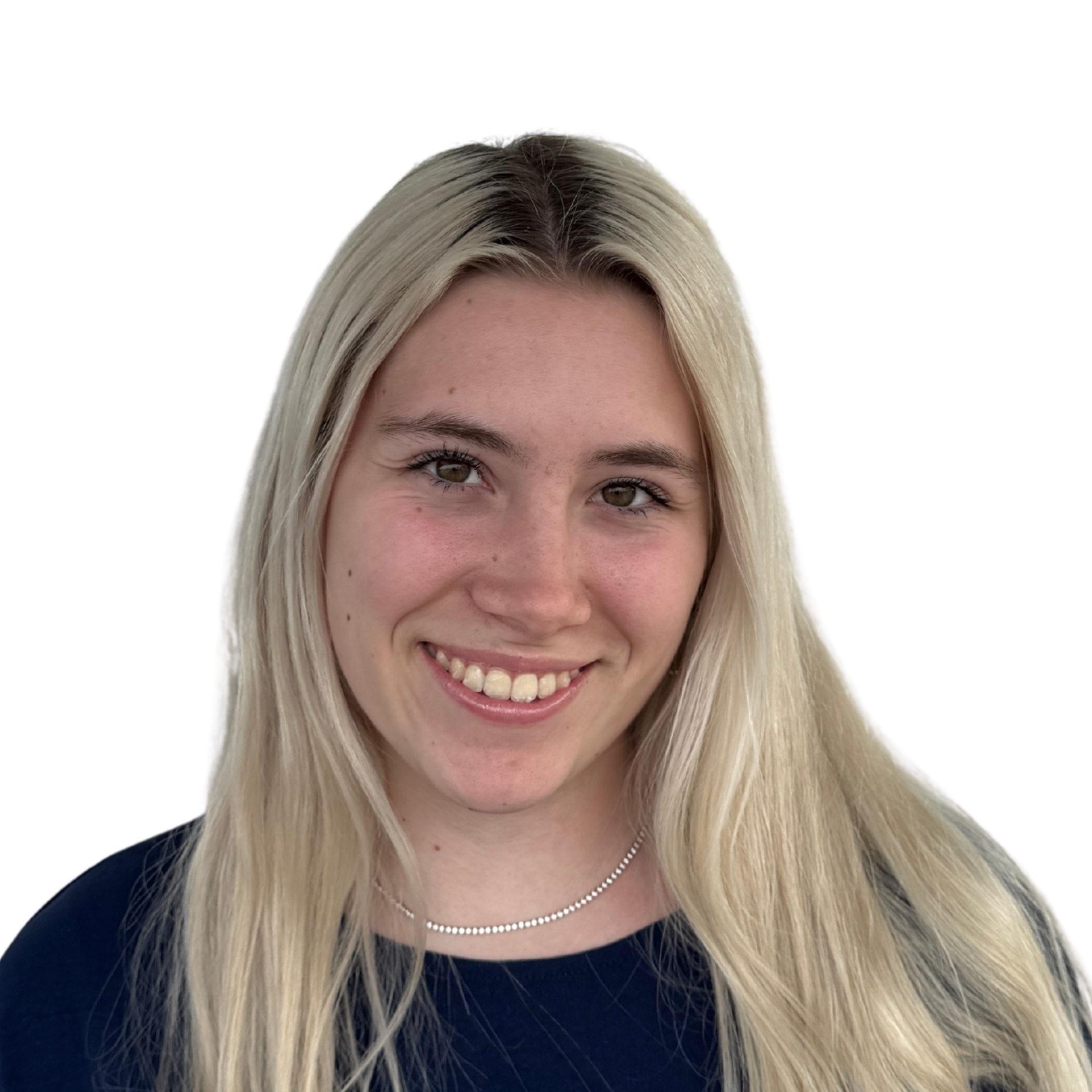 A woman wearing glasses and a black sweater smiles for the camera