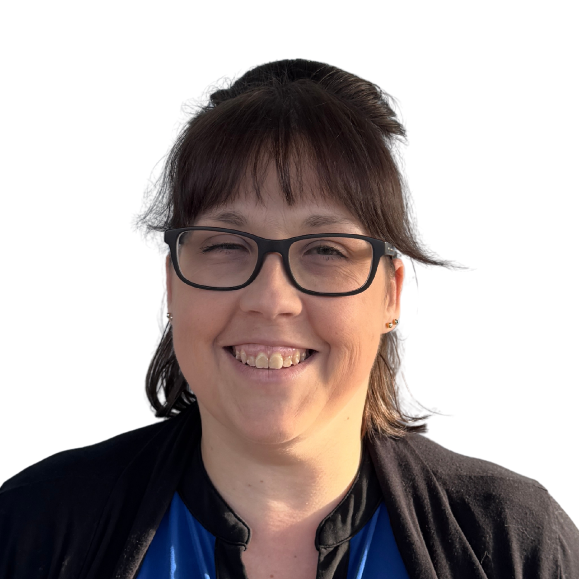A woman wearing glasses and a black sweater smiles for the camera