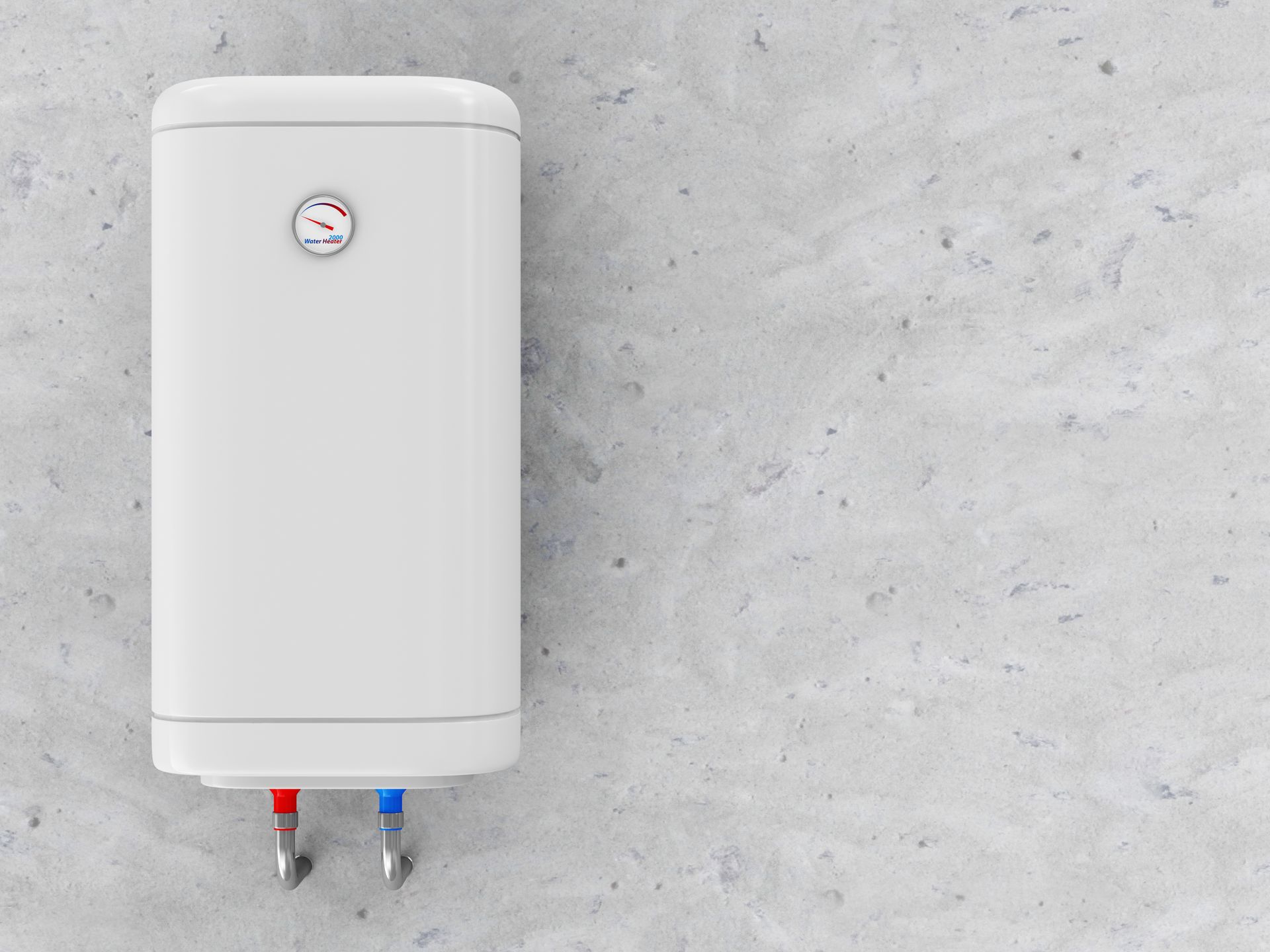 White water heater mounted on a gray concrete wall, with red and blue pipes visible.