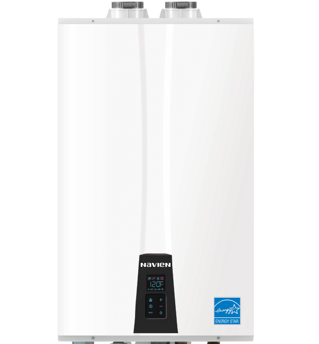White Navien tankless water heater with digital display and Energy Star label.
