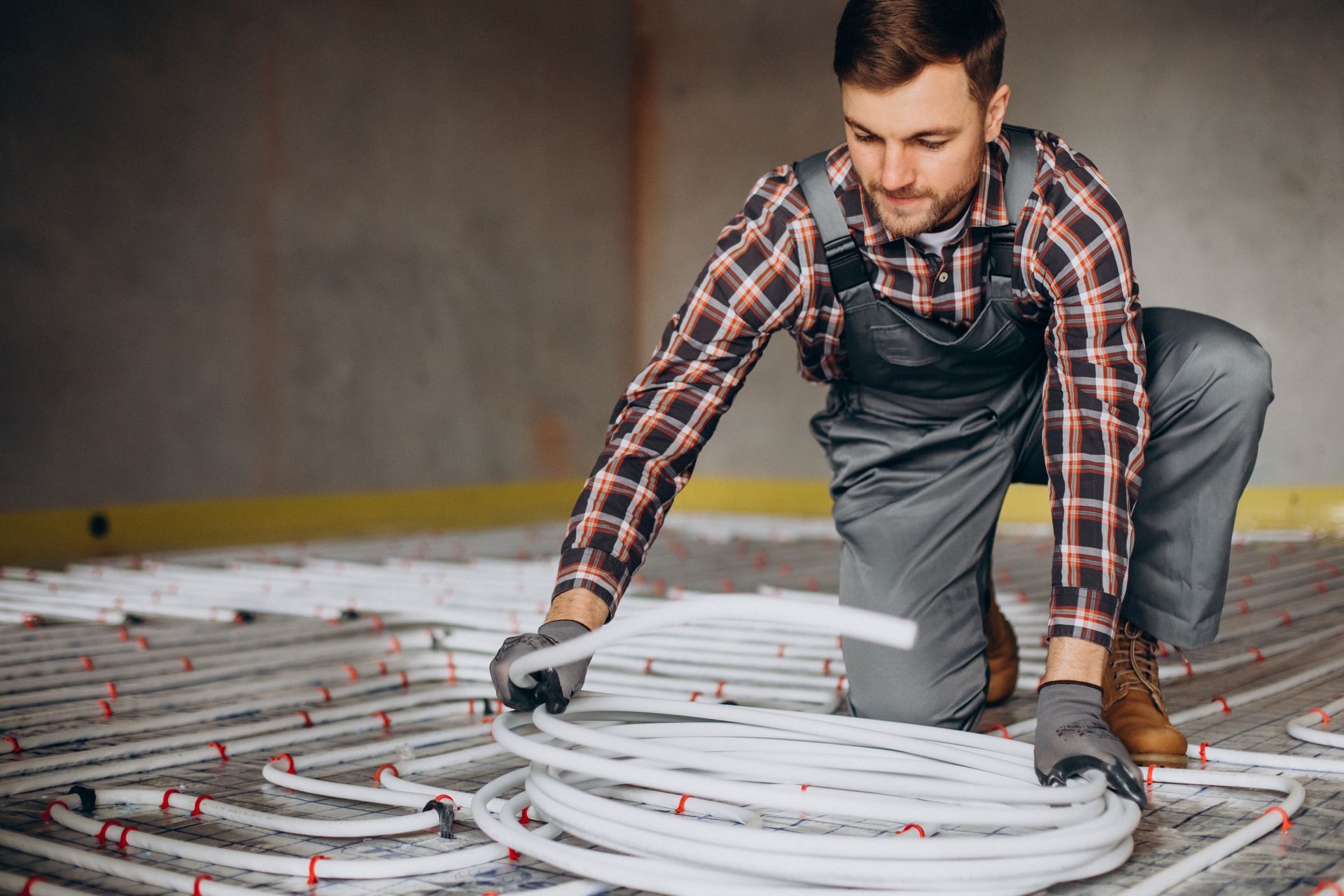 A man is installing underfloor heating pipes on the floor.