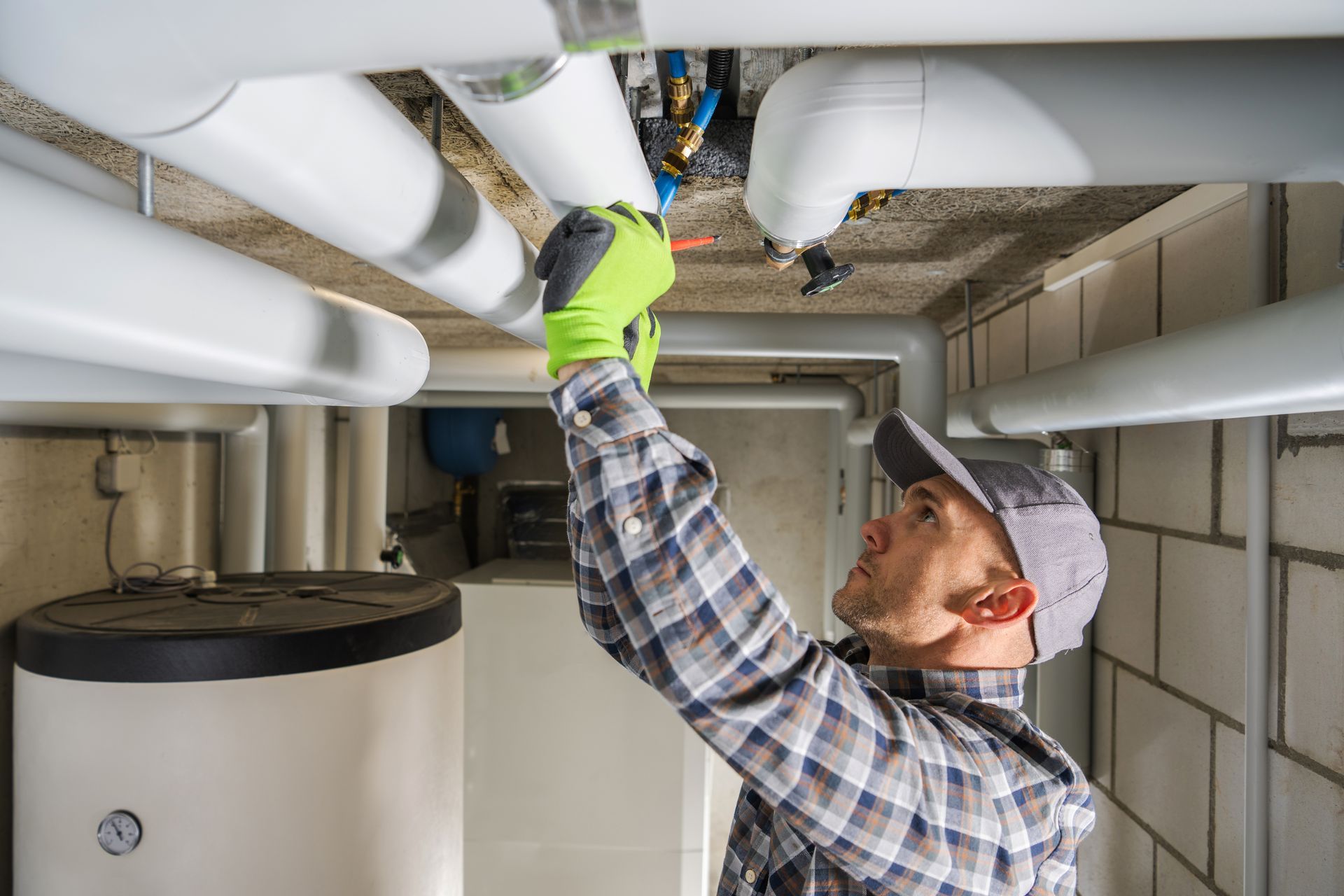 A plumber in a plaid shirt and hat repairs pipes in a basement. He wears green gloves and looks up.