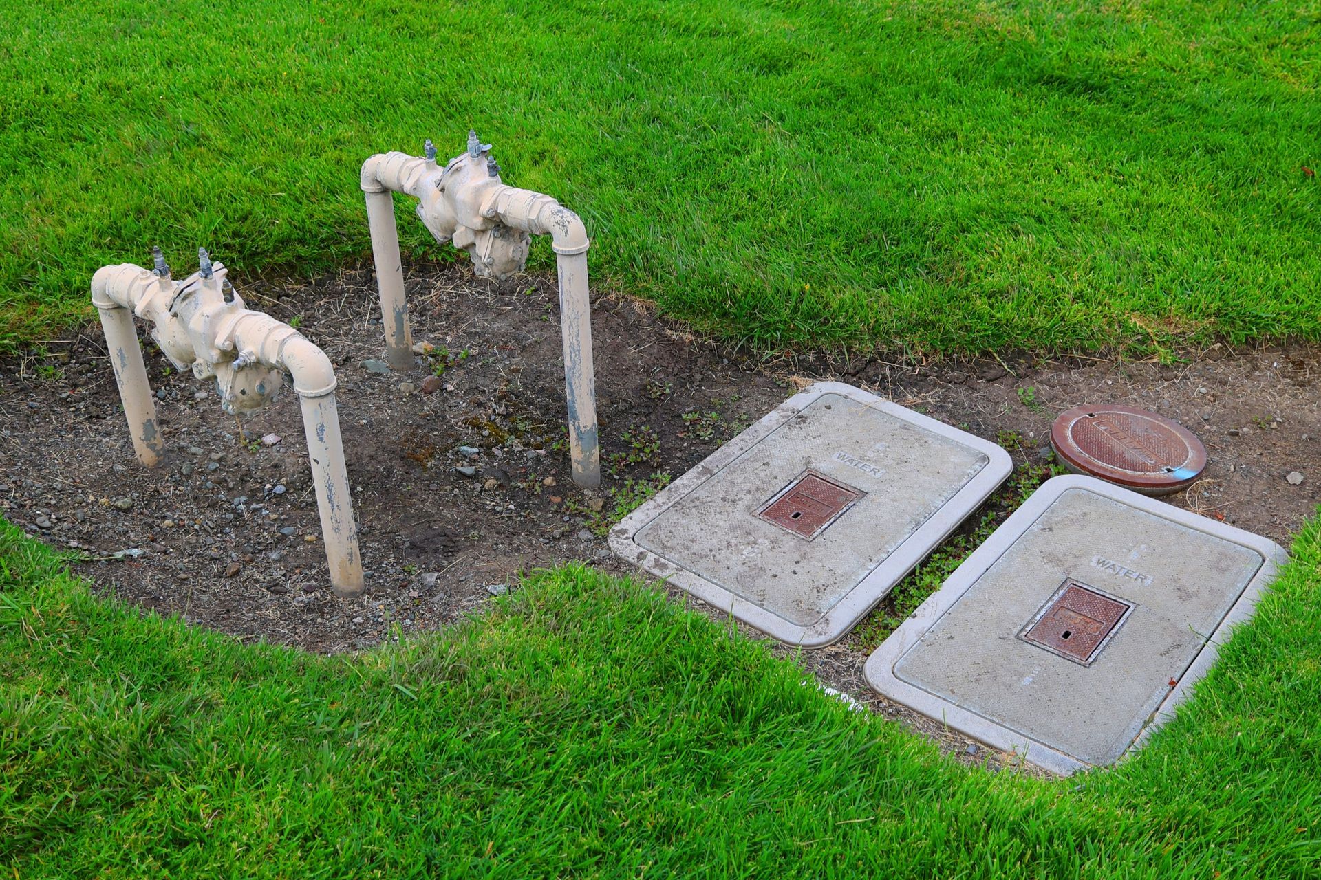 A couple of pipes are sitting in the grass next to a manhole cover.