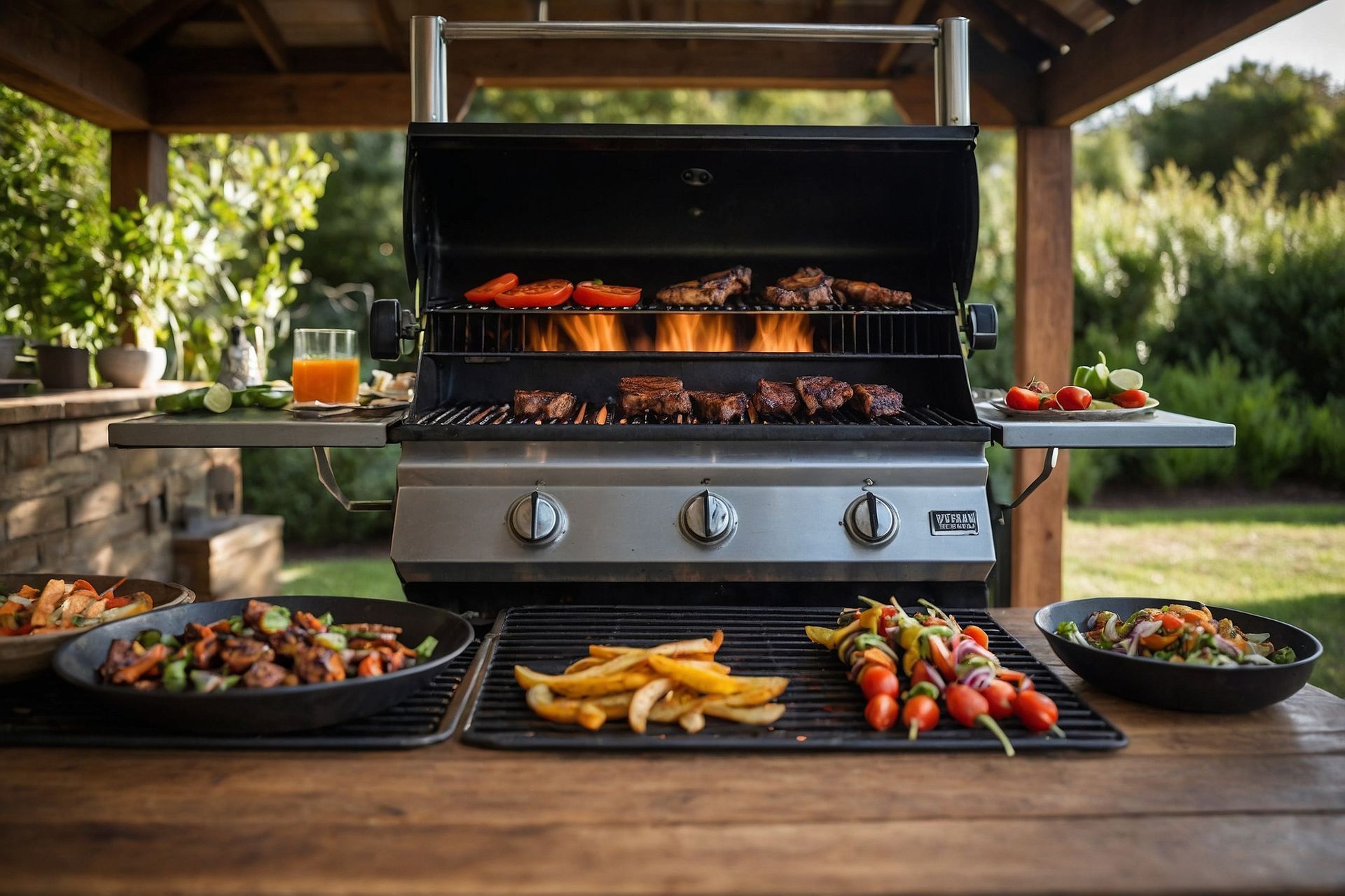 A grill is cooking meat and vegetables on a wooden table.