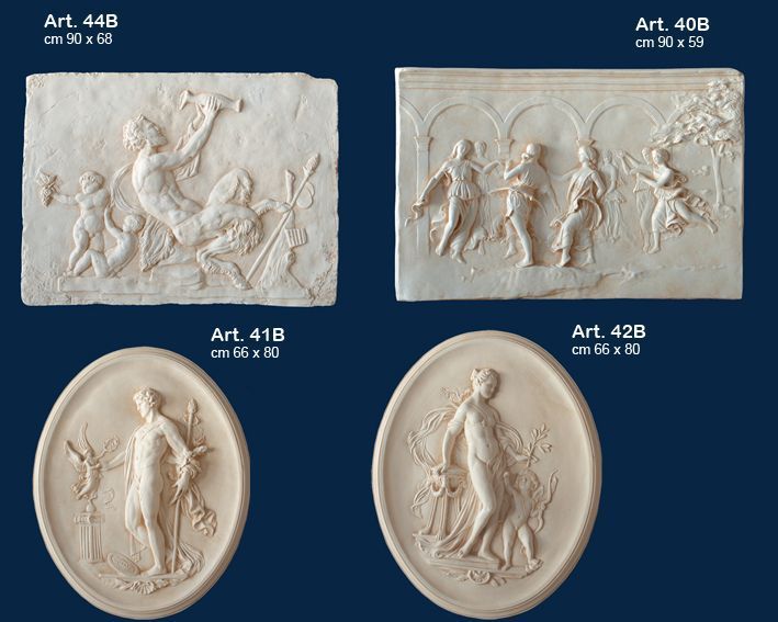 Sfondo blu con quattro sculture bianche a rilievo classico e ovali in stile cammeo etichettate Art. 44B, 40B, 41B e 42B.