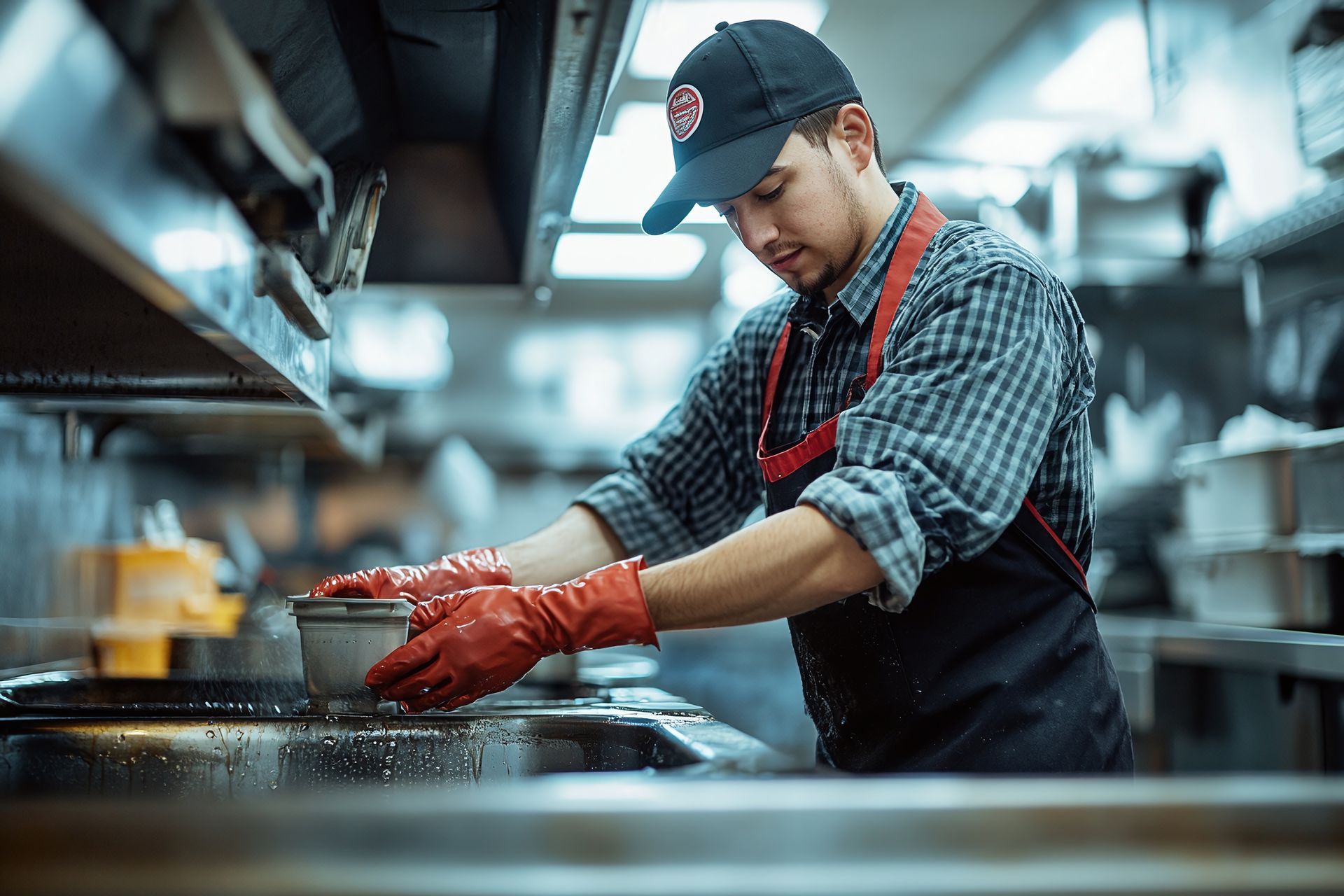 Restaurant staff maintaining grease trap system, showing professional cleaning tools. Restaurant staff maintaining grease trap system, showing professional cleaning tools.