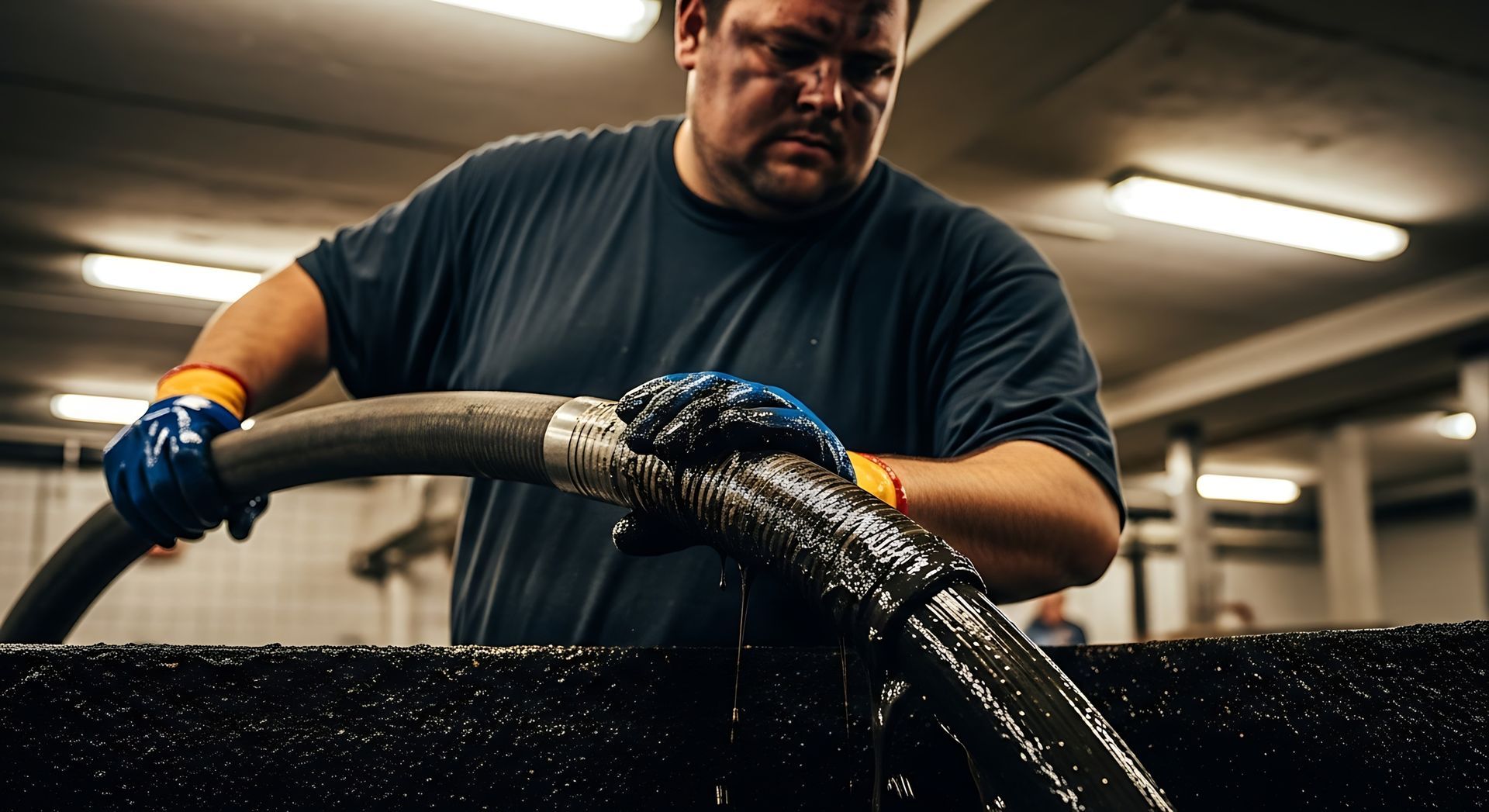 Grease trap cleaner removing sludge in commercial kitchen. Grease trap cleaner removing sludge in commercial kitchen.