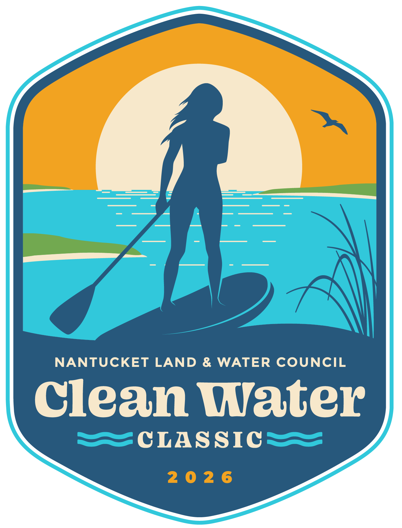 Clean Water Classic sponsored by Spindrift logo badge with SUP paddle boarder silhouette