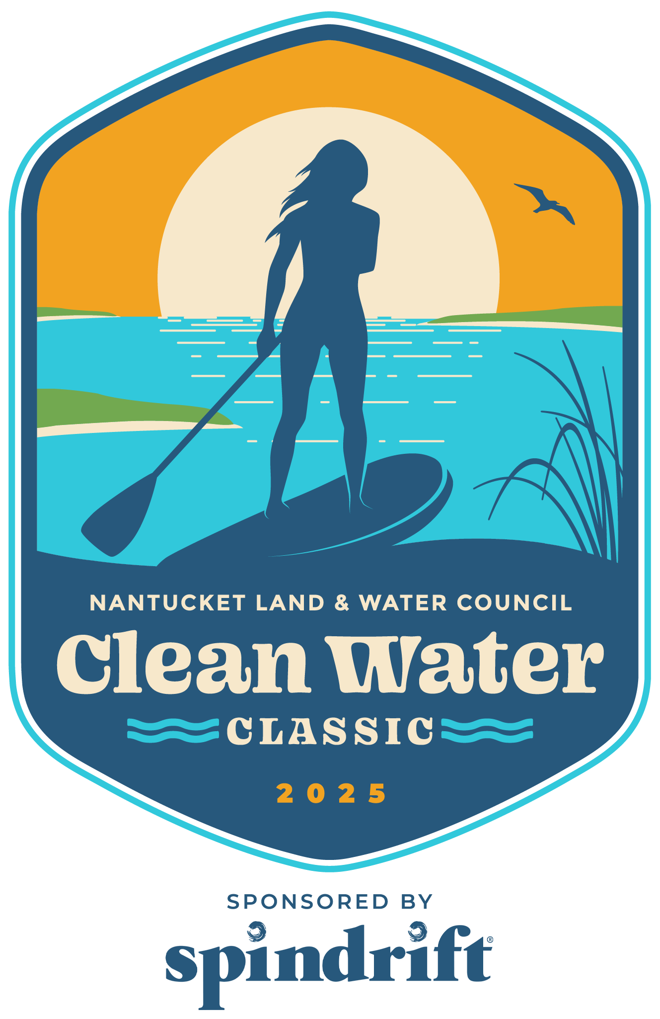 Clean Water Classic sponsored by Spindrift logo badge with SUP paddle boarder silhouette 