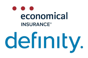 Economical Insurance and definity. Blue and white text logo with three red dots above.