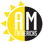 The logo for am fredericks is a yellow and black circle with a sun in the middle.