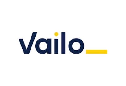 Vailo logo in dark blue with a yellow dot over the 
